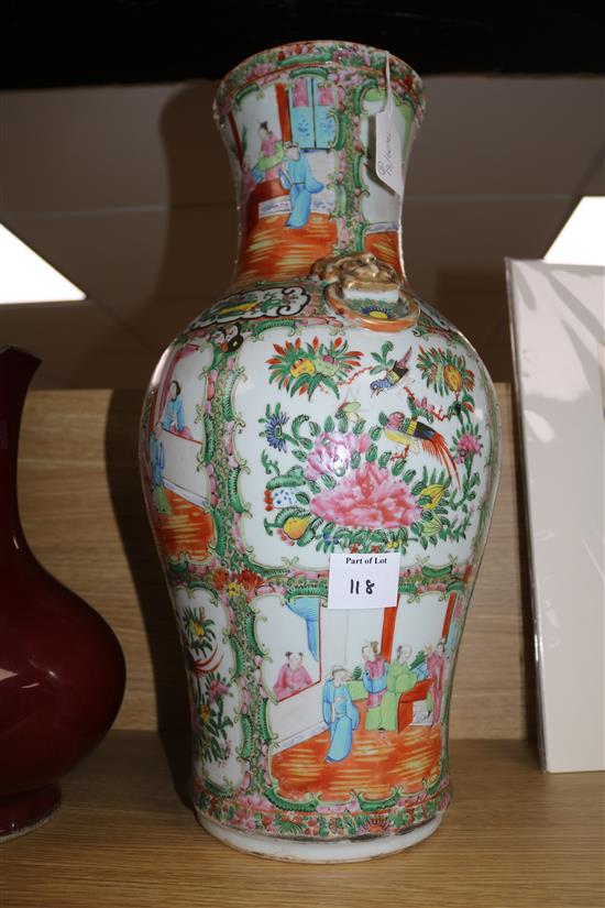 Two large 19th century Chinese famille rose vases and a sang-de-boeuf vase, H 32-58cm (3, all damaged)